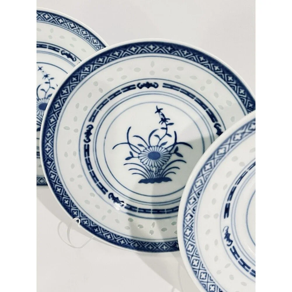 Jingdezhen Rice Eye Grain 6 Inch Desert Plates White & Blue Porcelain  Set of 4